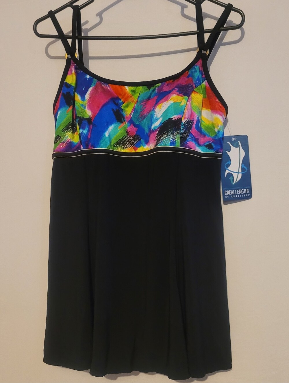 Longitude Black Swimdress with Multicolor Printed Bodice, 10